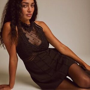 NWT Free People Valencia Embroidered Lace High Neck Mini Black Dress Size Medium
